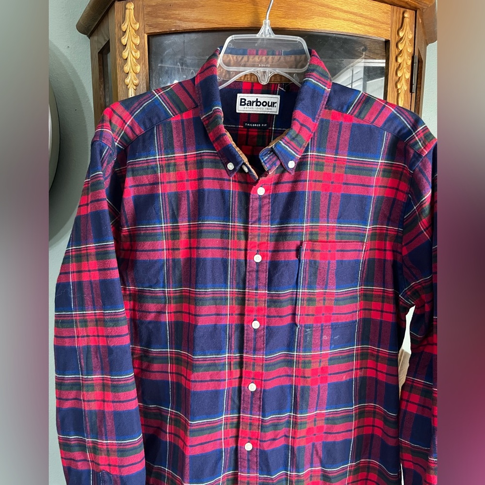 Men’s Barbour Navy Red Endsleigh Tailored Fit Plaid Long Sleeve Shirt Large - Picture 2 of 8